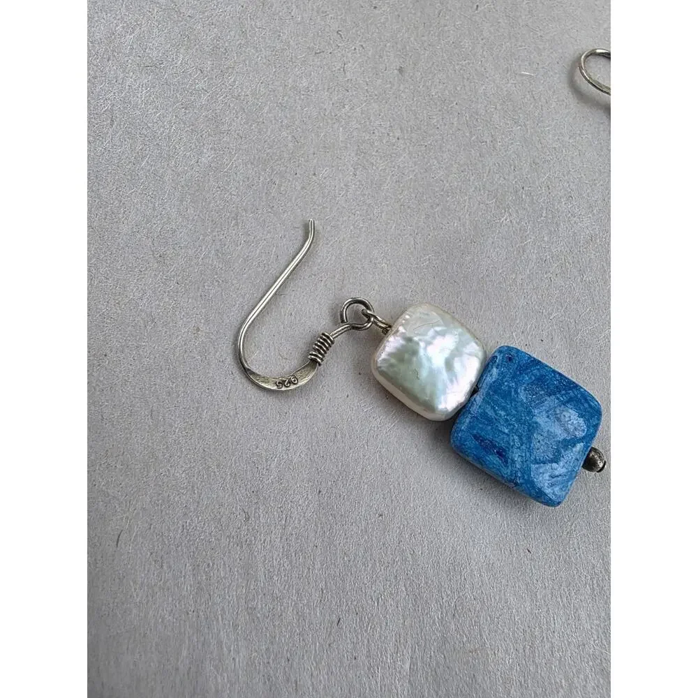 New Sterling Silver Dangle Earrings White Pearl Silver Blue Stone Stamped 925‎